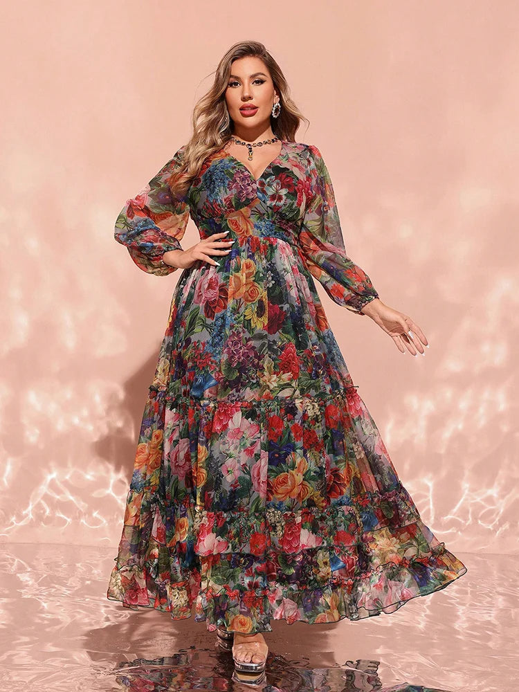 Women's Floral Print 1-4XL Chiffon Fashion Designer Long Dresses (Plus – International Women's Clothing