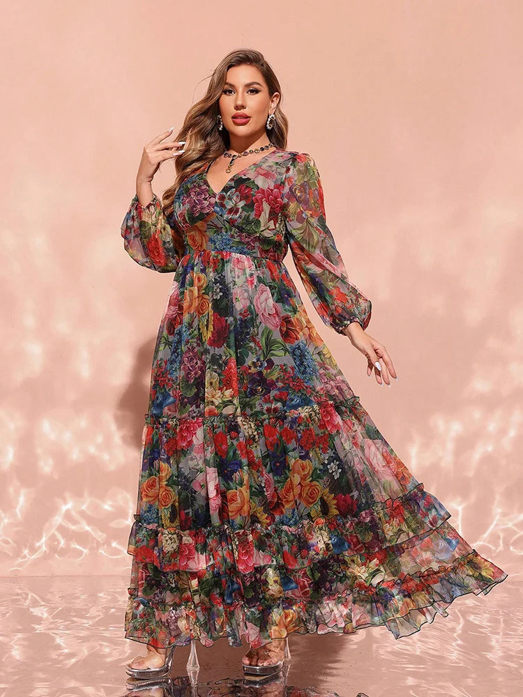 Women's Floral Print 1-4XL Chiffon Fashion Designer Long Dresses (Plus – International Women's Clothing
