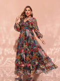Women's Floral Print 1-4XL Chiffon Fashion Designer Long Dresses (Plus Size)