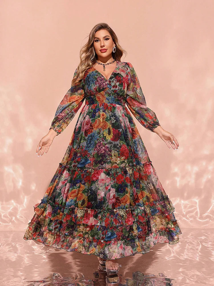 Women's Floral Print 1-4XL Chiffon Fashion Designer Long Dresses (Plus Size)