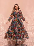 Women's Floral Print 1-4XL Chiffon Fashion Designer Long Dresses (Plus Size)