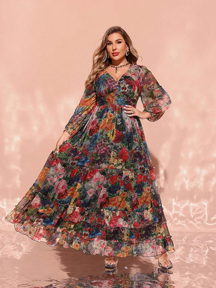 Women's Floral Print 1-4XL Chiffon Fashion Designer Long Dresses (Plus – International Women's Clothing
