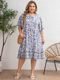 Women's Floral Print 1-5XL Fashion Designer Midi Dresses (Plus Size)