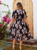 Women's Floral Print A-line 2-5XL Fashion Designer Long Dresses (Plus Size)-