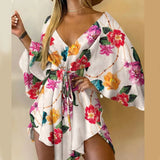 Women's Batwing Sleeve Floral S-2XL Rompers Fashion Designer Rompers-Women's Plus Size Fashion Designer Rompers / Jumpsuits-International Women's Clothing
