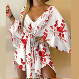 Women's Batwing Sleeve Floral S-2XL Rompers Fashion Designer Rompers-Women's Plus Size Fashion Designer Rompers / Jumpsuits-International Women's Clothing