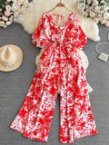Women's Floral V Neck Rompers Long Sleeve Fashion Designer Jumpsuits-Women's Fashion Designer Rompers / Jumpsuits