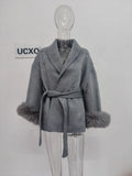 Women's Fur Fashion Designer Belted Wrap S-L Jackets-Women's Fashion Designer Jackets-Solid Gray-Women&#x27;s fashion designer plus size clothes