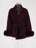 Women's Fur Fashion Designer Belted Wrap S-L Jackets-Women's Fashion Designer Jackets-Wind Red-Women&#x27;s fashion designer plus size clothes