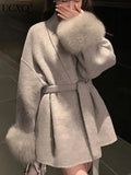 Women's Fur Fashion Designer Belted Wrap Winter Jackets-Women's Fashion Designer Jackets
