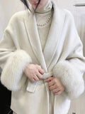 Women's Fur Fashion Designer Belted Wrap Winter Jackets-Women's Fashion Designer Jackets