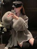 Women's Fur Fashion Designer Belted Wrap Winter Jackets-Women's Fashion Designer Jackets