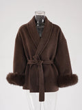 Women's Fur Fashion Designer Belted Wrap Winter Jackets-Women's Fashion Designer Jackets