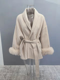 Women's Fur Fashion Designer Belted Wrap Winter Jackets-Women's Fashion Designer Jackets