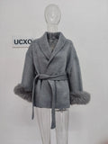 Women's Fur Fashion Designer Belted Wrap Winter Jackets-Women's Fashion Designer Jackets