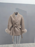 Women's Fur Fashion Designer Belted Wrap Winter Jackets-Women's Fashion Designer Jackets