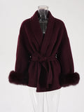 Women's Fur Fashion Designer Belted Wrap Winter Jackets-Women's Fashion Designer Jackets