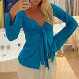 Women's Grunge Bow Tied Fashion Designer S-L Long-Sleeve Tops-Women's Fashion Designer Long-Sleeve Tops-Blue-Women&#x27;s fashion designer plus size clothes