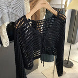 Women's Hallow Out Top Fashion Designer Knitted Cardigans-Women's Fashion Designer Jerseys Tops-black-Women&#x27;s fashion designer plus size clothes