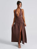 Women's Halter Deep V Neck Backless Fashion Designer Sleeveless Dresses (Long)-Women's Fashion Designer Dresses