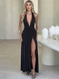 Women's Halter Deep V Neck Backless Fashion Designer Sleeveless Dresses (Long)-Women's Fashion Designer Dresses