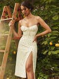 Women's High Split Floral Printed Fashion Designer Dresses (Midi)-Women's Fashion Designer Dresses