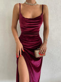 Women's High Split Velvet Fashion Designer Bodycon Dresses (Midi)-Women's Fashion Designer Dresses