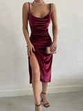 Women's High Split Velvet Fashion Designer Bodycon Dresses (Midi)-Women's Fashion Designer Dresses