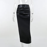 Women's High Waist Fashion Designer Ruched PU Leather Skirts (Midi)