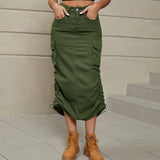 Women's Hight Waist Cargo Denim Fashion Designer Broadcloth Skirts (Midi)
