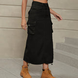 Women's Hight Waist Cargo Denim Fashion Designer Broadcloth Skirts (Midi)