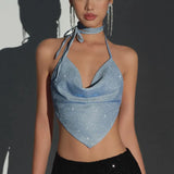 Women's Irregular Fashion Designer Crop Tops Halter S-L Singlets-Women's Tops Fashion Designer Singlets-Blue-Women&#x27;s fashion designer plus size clothes