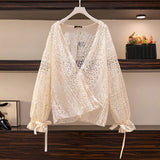 Women's Lace Transparent 5-9XL Fashion Designer Blouse Long-Sleeve Tops (Plus Size)