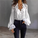 Women's Lace Trim Blouses Fashion Designer S-XL Long-Sleeve Tops-Women's Fashion Designer Long-Sleeve Tops-International Women's Clothing