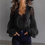 Women's Lace Trim Blouses Fashion Designer S-XL Long-Sleeve Tops-Women's Fashion Designer Long-Sleeve Tops-International Women's Clothing