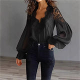 Women's Lace Trim Blouses Fashion Designer S-XL Long-Sleeve Tops-Women's Fashion Designer Long-Sleeve Tops-International Women's Clothing