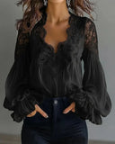 Women's Lace Trim Blouses Fashion Designer S-XL Long-Sleeve Tops-Women's Fashion Designer Long-Sleeve Tops-International Women's Clothing