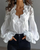 Women's Lace Trim Blouses Fashion Designer S-XL Long-Sleeve Tops-Women's Fashion Designer Long-Sleeve Tops-International Women's Clothing