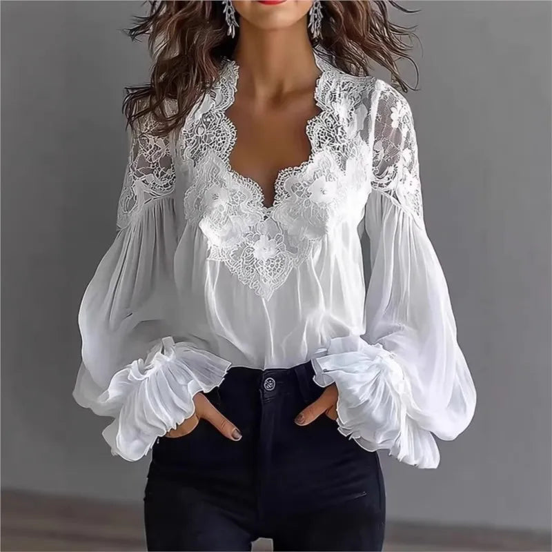 Women's Lace Trim Blouses Fashion Designer S-XL Long-Sleeve Tops – International Women's Clothing