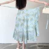 Women's Lace-Up Vintage Retro Floral Fashion Designer Skirts (Midi)-Women's Fashion Designer Skirts-International Women's Clothing