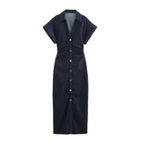 Women's Lapel XS-L Denim Button Fashion Designer Dresses (Midi)-Women's Fashion Designer Dresses-International Women's Clothing