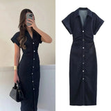 Women's Lapel XS-L Denim Button Fashion Designer Dresses (Midi)