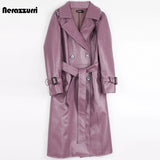 Women's Leather Nerazzurri Purple Designer Trench Coats (Plus Size)