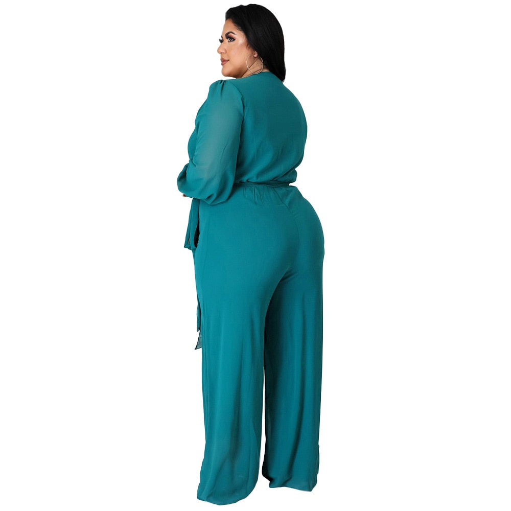 Women's Long Sleeve Designer Fashion Wrap Chest Jumpsuits (Plus Size)