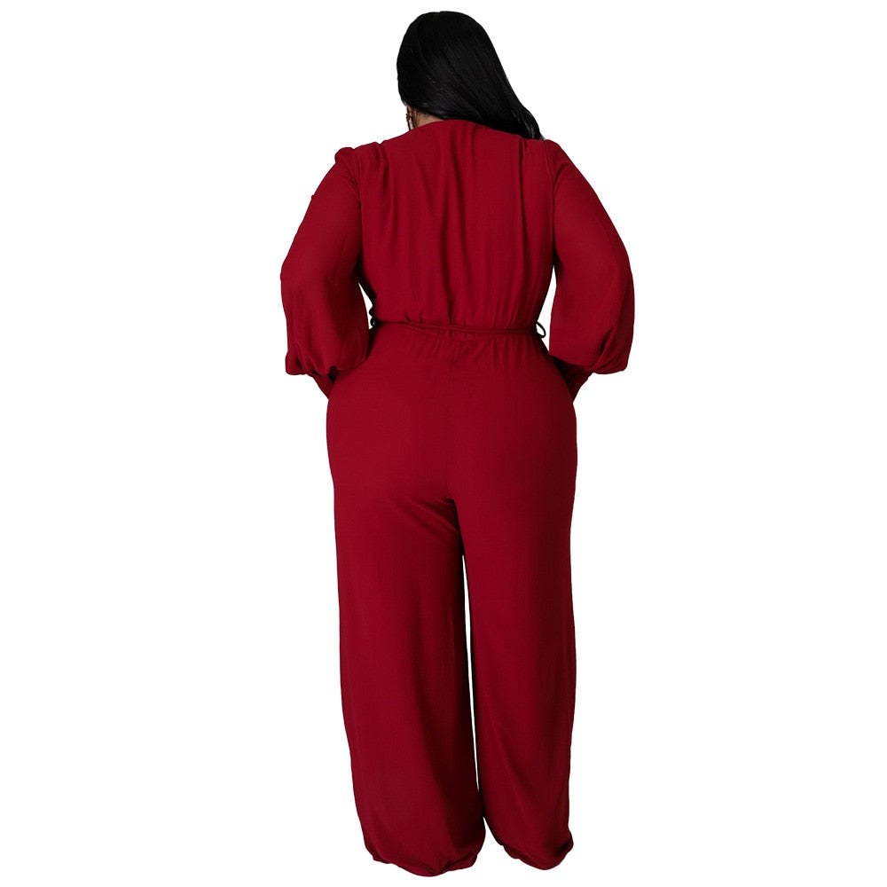 Women's Long Sleeve Designer Fashion Wrap Chest Jumpsuits (Plus Size)