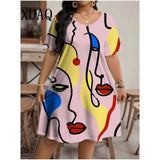 Women's Loose 1-9XL Fashion Designer Casual Printed Short Dresses (Plus Size)