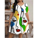 Women's Loose 1-9XL Fashion Designer Casual Printed Short Dresses (Plus Size)