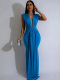 Women's Low Cut Fashion Designer Draped Dresses (Long)-Women's Fashion Designer Dresses