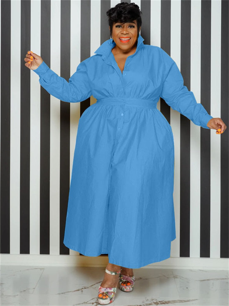 Women's Maxi Shirt Fashion Designer Casual Long Dresses (Plus Size) - Blue  / XL