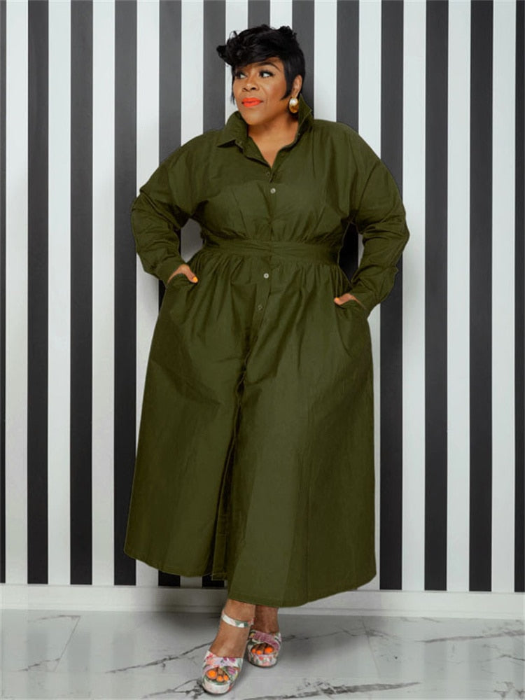 Women's Maxi Shirt Fashion Designer Casual Long Dresses (Plus Size) - Army  Green / XL